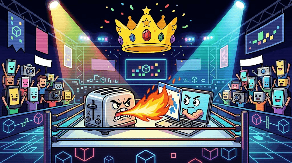 The coliseum: a toaster breathing fire at a laptop in the ring, under spotlights, with the stands packed