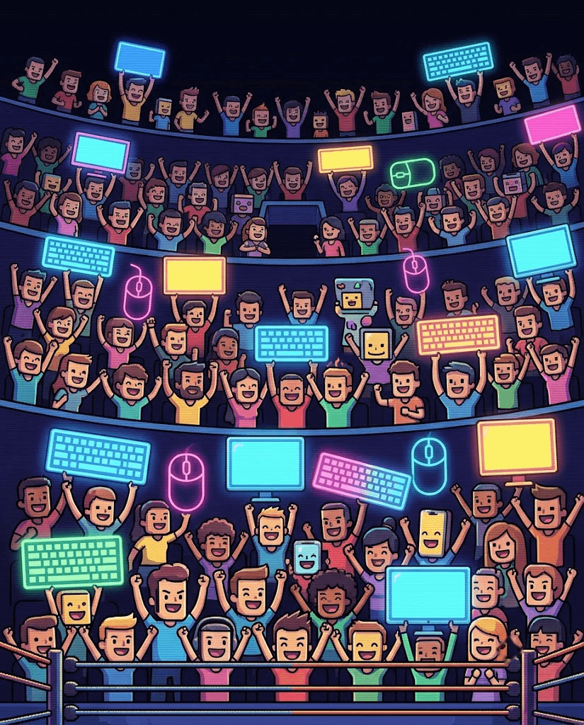 The stands: fans packed into the coliseum holding up glowing signs